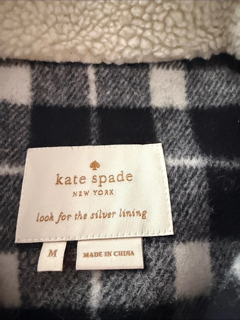 kate spade Black & White Plaid Sherpa Collar Fringe Jacket